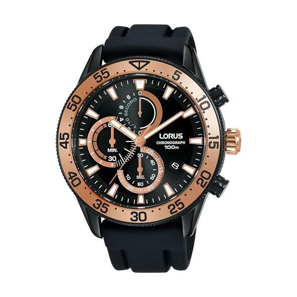 LORUS WATCHES Mod. RM339FX9, black silicone strap, chronograph, 45mm black IP stainless steel case, quartz movement, men's wristwatch