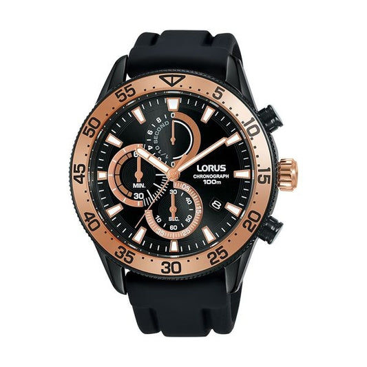LORUS WATCHES Mod. RM339FX9, black silicone strap, chronograph, 45mm black IP stainless steel case, quartz movement, men's wristwatch