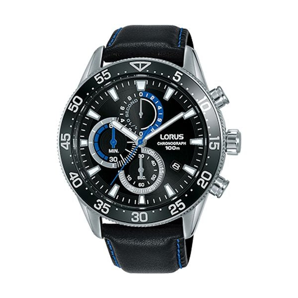 LORUS WATCHES Mod. RM343FX9 wristwatch with a stainless steel case and leather strap, water resistant 10 ATM, quartz movement, chronograph function.