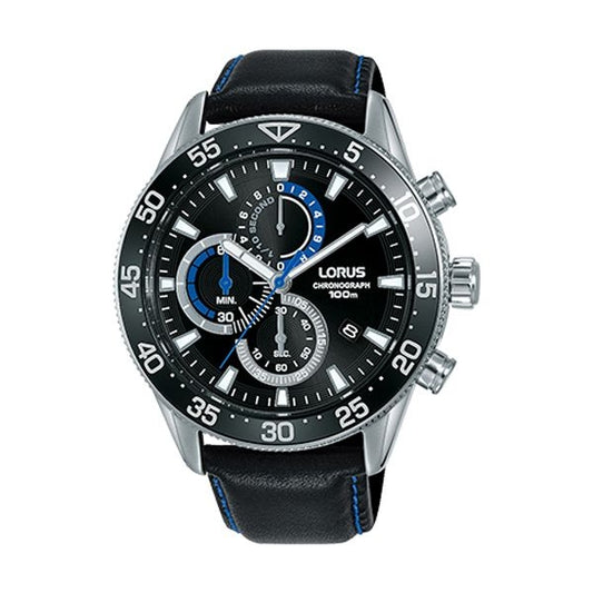 LORUS WATCHES Mod. RM343FX9 wristwatch with a stainless steel case and leather strap, water resistant 10 ATM, quartz movement, chronograph function.