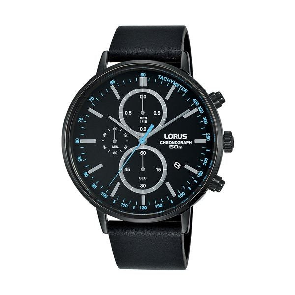 LORUS WATCHES Mod. RM363FX9 gents wristwatch with 10 ATM water resistance, 43mm IP black case, leather strap, quartz chronograph and tachymeter.