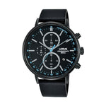 LORUS WATCHES Mod. RM363FX9 gents wristwatch with 10 ATM water resistance, 43mm IP black case, leather strap, quartz chronograph and tachymeter.