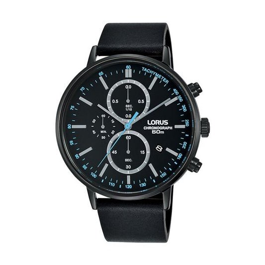 LORUS WATCHES Mod. RM363FX9 gents wristwatch with 10 ATM water resistance, 43mm IP black case, leather strap, quartz chronograph and tachymeter.