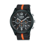 LORUS WATCHES Mod. RT347HX9 quartz chronograph wristwatch with black plastic strap and orange accents, 44mm case, mineral dial, 10 ATM water resistance.