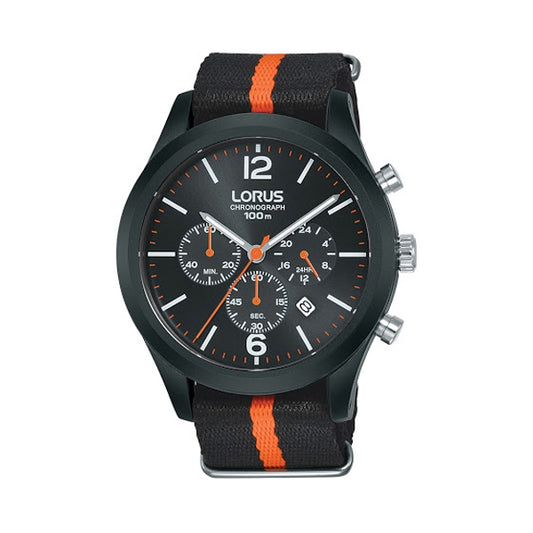 LORUS WATCHES Mod. RT347HX9 quartz chronograph wristwatch with black plastic strap and orange accents, 44mm case, mineral dial, 10 ATM water resistance.