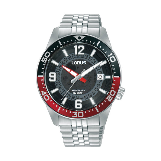 Men's LORUS WATCHES Mod. RU413AX9 with stainless steel band and black-red bezel