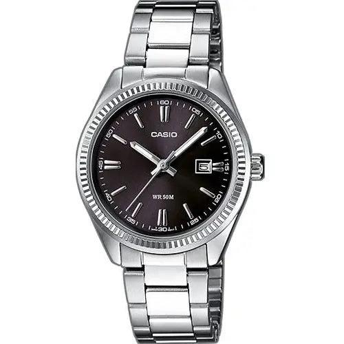CASIO COLLECTION Mod. LADY DATE - BLACK wristwatch with metal strap, quartz movement, black dial, and water resistance.