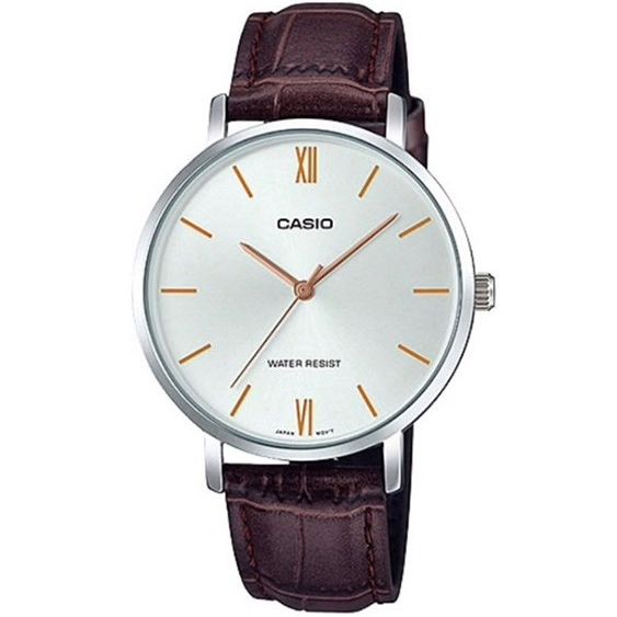CASIO COLLECTION Mod. MINIMAL. LEATHER - SILVER wristwatch, silver case, leather strap, for gents, 3 ATM water resistance, 34mm stainless steel case.