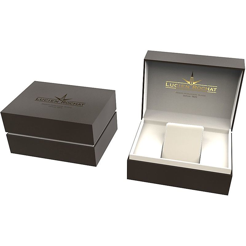Luxury packaging for LUCIEN ROCHAT MOD. R0451115501 wristwatch, showcasing elegant box design for lady's quartz timepiece.
