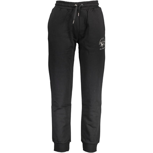 La Martina Black Cotton Pant with elastic waist, embroidered logo, and pockets.