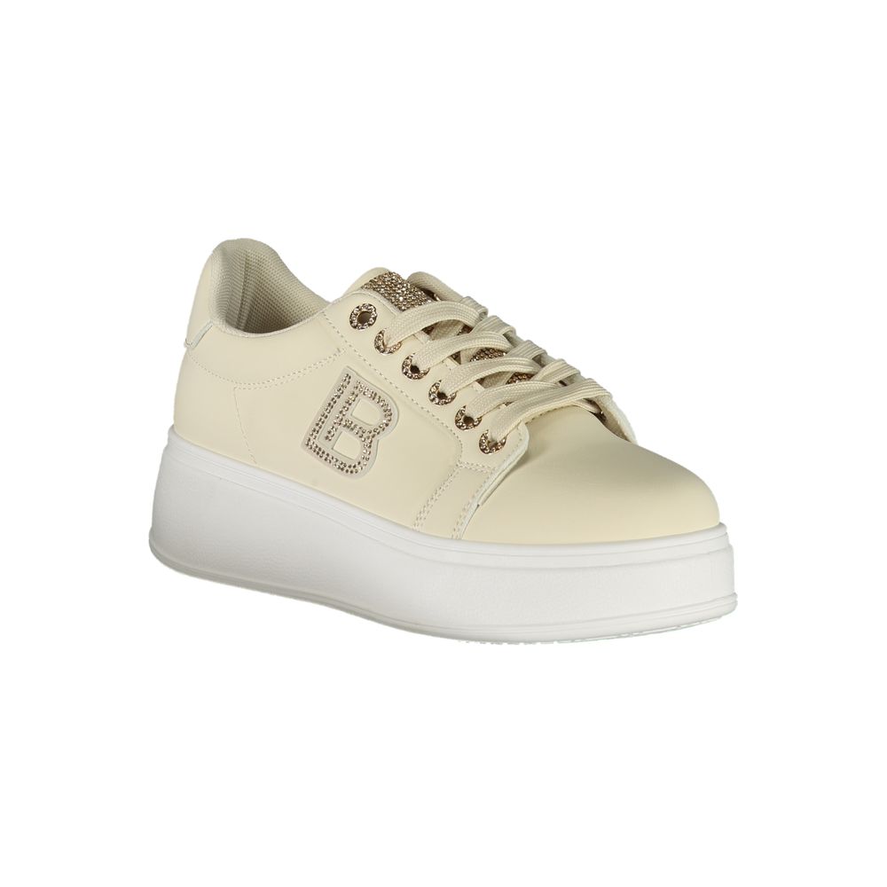 Laura Biagiotti Beige Polyester Women Sneaker with rhinestone details and supportive wedge, offering style and comfort.