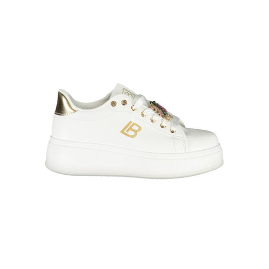 Laura Biagiotti White Synthetic Women Sneaker with rhinestone embellishments and 4 cm wedge for added comfort.