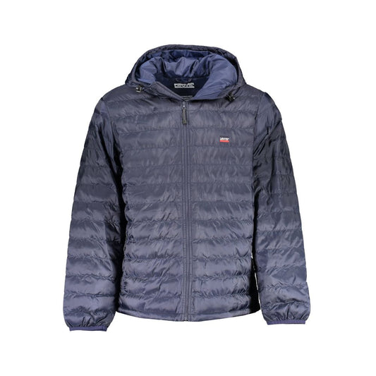 Levi's Blue Polyester Jacket with hood, long sleeves, and logo embroidery, featuring two external and two internal pockets.