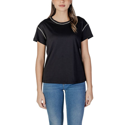 Liu Jo Black Cotton T-Shirt with contrasting stitching, model wearing short-sleeved top for casual and everyday wear, front view