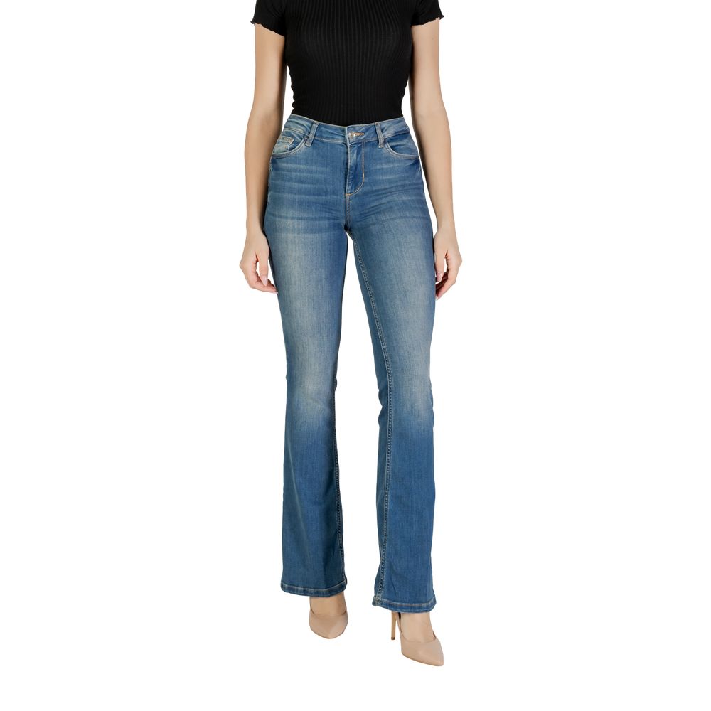 Model wearing Liu Jo Blue Cotton Bootcut Jean with a high-waist flared design.