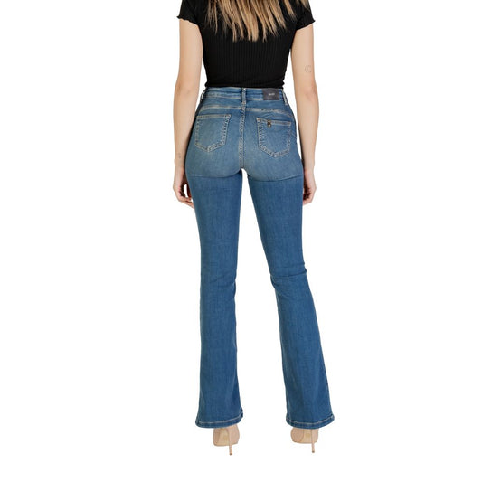 Back view of woman wearing Liu Jo Blue Cotton Bootcut Jean, showcasing flared design and high waist, perfect for modern casual wear.