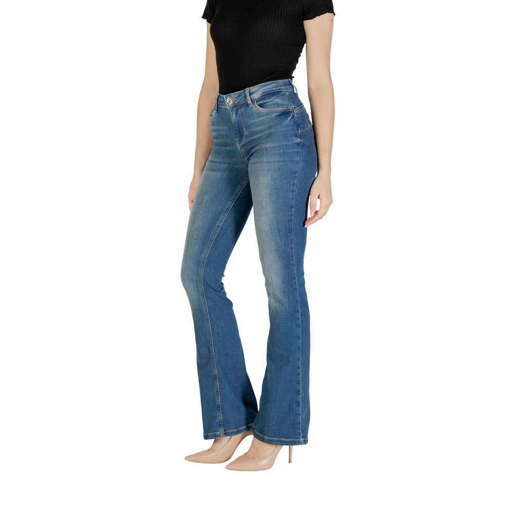 Woman wearing Liu Jo Blue Cotton Bootcut Jean with high waist, flared design, and comfortable fit, styled with heels.