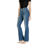 Woman wearing Liu Jo Blue Cotton Bootcut Jean with high waist, flared design, and comfortable fit, styled with heels.