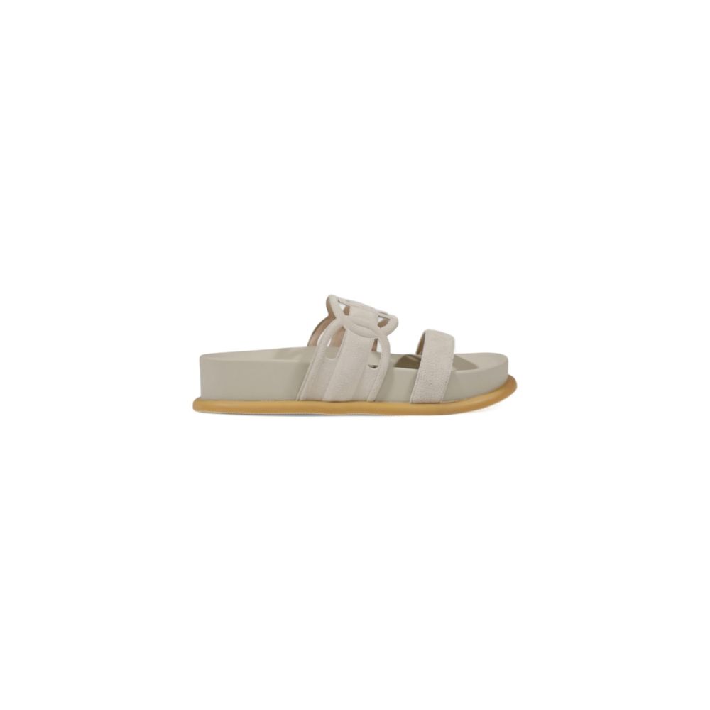 Liu Jo Gray Leather Flat Sandals with minimalist design and double strap, perfect for casual or chic summer styles, side view image.