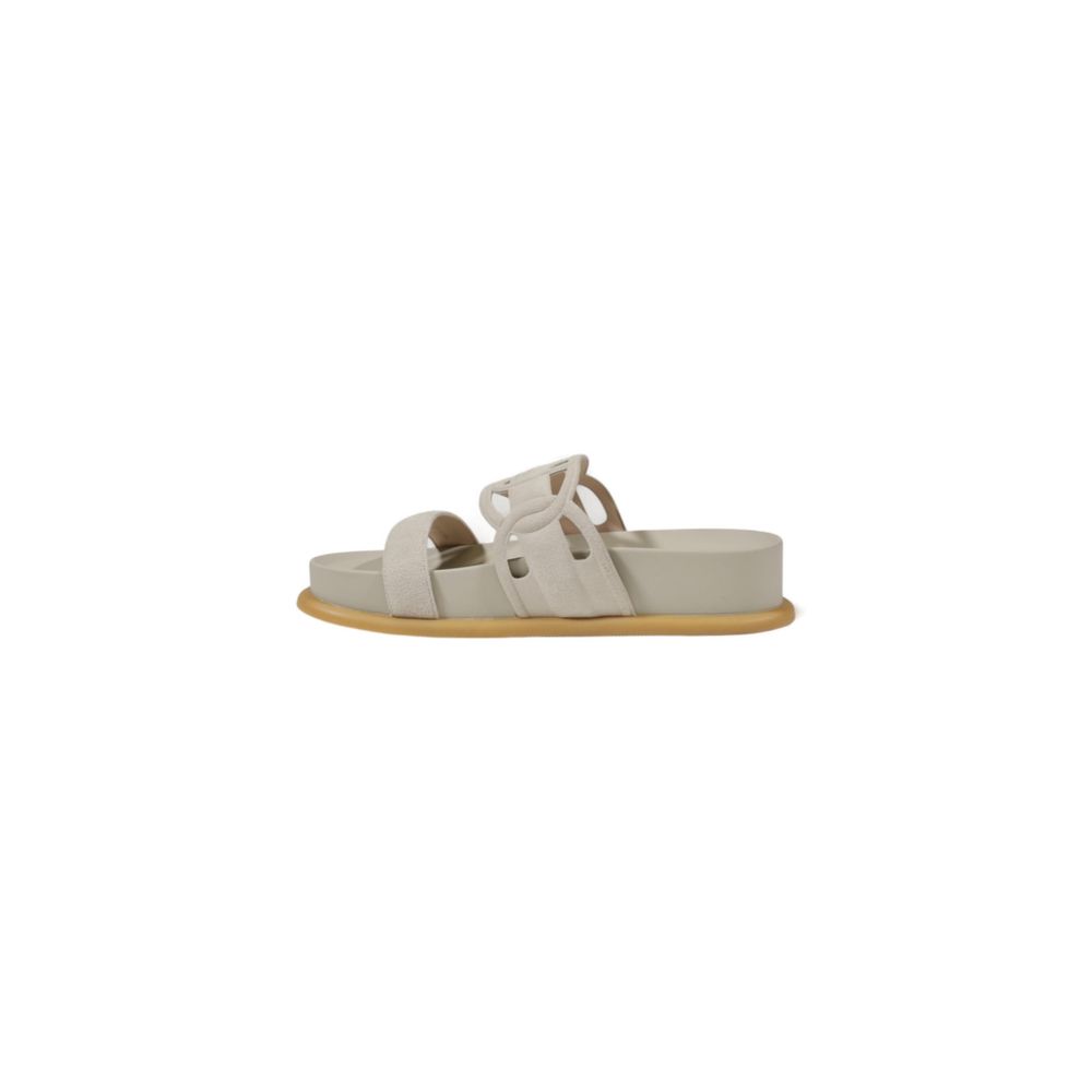 Liu Jo Gray Leather Flat Sandals with decorative side detail and double strap, crafted from high-quality bovine leather.