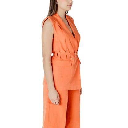 Model wearing Liu Jo Orange Lyocell Waistcoat with double-breasted closure and waist belt, showcasing elegant and modern design.