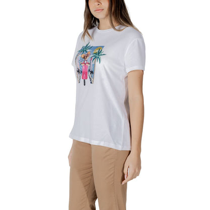 Liu Jo White Cotton T-Shirt with girl on scooter print, short-sleeved, soft cotton jersey, lively style, comfortable fit for women.