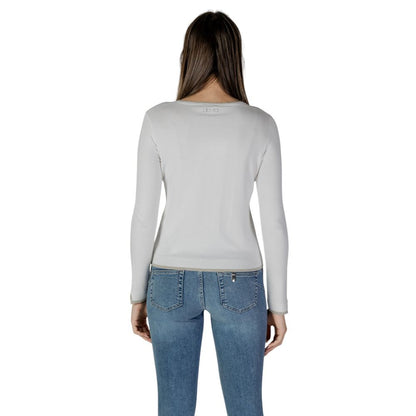 Back view of Liu Jo White Viscose Cardigan worn by a model with denim jeans.
