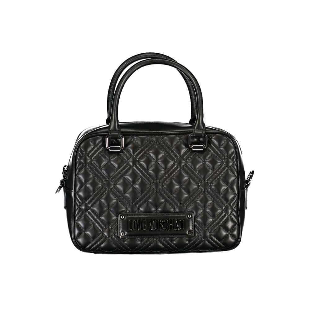 Love Moschino Black Polyethylene Handbag with two handles, adjustable strap, internal pockets, contrast detailing, and zip closure.