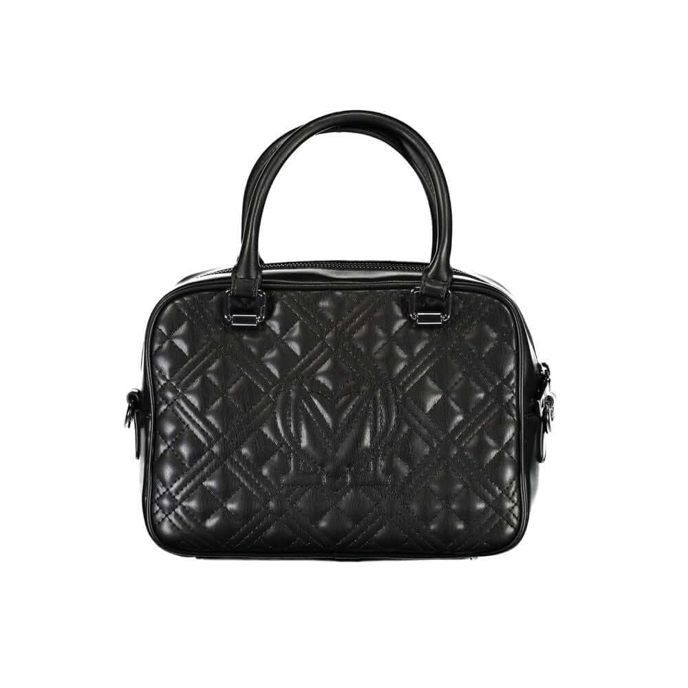 Love Moschino Black Polyethylene Handbag with quilted design, featuring two handles, adjustable strap, and logo detailing.