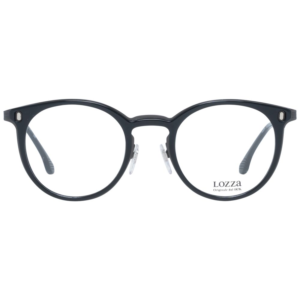 Lozza Black Unisex Glasses Frame with round full-rim metal design, black color, demo lenses, 48-21-140 size. Includes branded case.