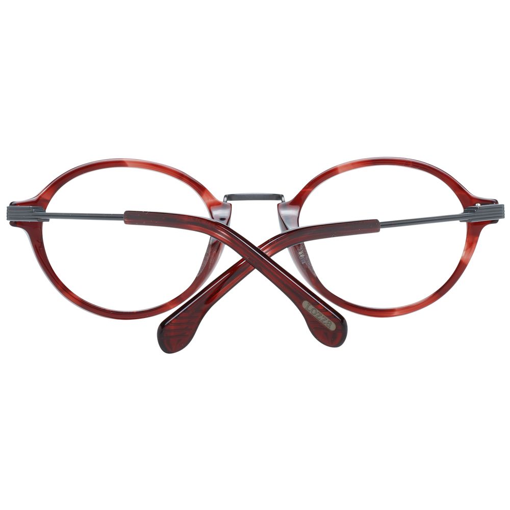 Lozza Burgundy Unisex Glasses Frame with metal and plastic material, full-rim design, and spring hinges shown from front and back view.