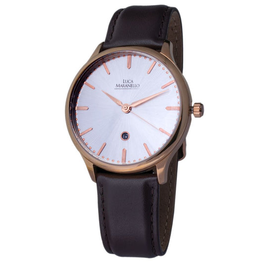 Luca Maranello Brown Leather Dress Watch with rose gold steel case, white dial, and brown leather strap. Quartz mechanism, 5ATM water resistant.