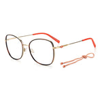 M Missoni Gold Metal Frames with red temple tips, ladies fashion eyewear, dimensions 53/18/145, elegant gold finish, includes decorative cord.