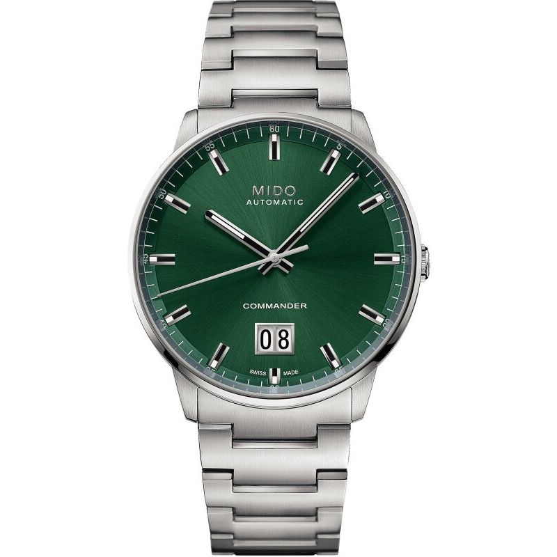 MIDO MOD. COMMANDER BIG DATE watch with green dial and silver metal strap, showcasing date feature.