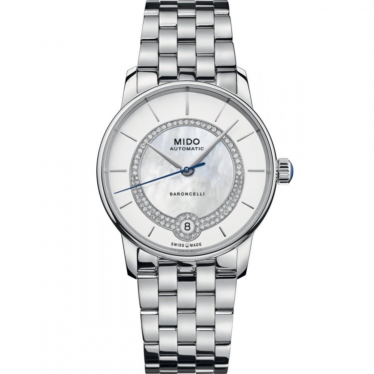 Elegant MIDO MOD. BARONCELLI watch with silver bracelet and sleek design.