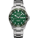Stainless steel MIDO MOD. OCEAN STAR 200C watch with green dial and silver bracelet, displaying time and date.