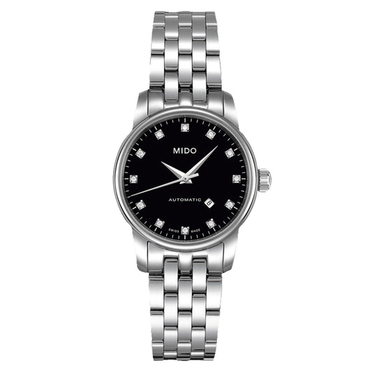 MIDO MOD. BARONCELLI ladies wristwatch, stainless steel, diamond indexes, sapphire dial, 5 ATM water resistant, Swiss-made, in official box.