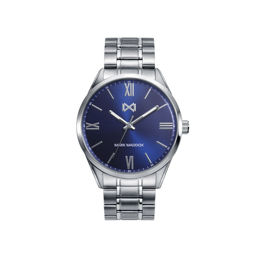 Elegant MARK MADDOX - NEW COLLECTION Mod. HM0116-33 men's watch with blue dial, quartz movement, 40mm case, and chronograph features.