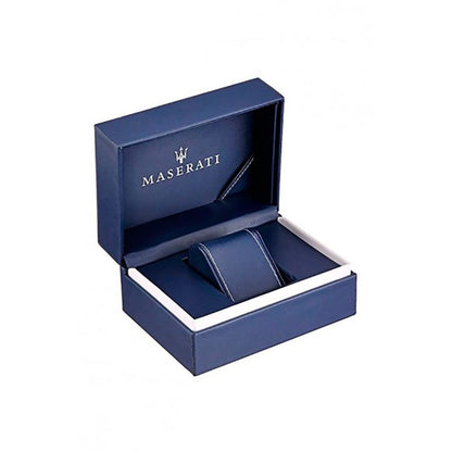 Official box for MASERATI MOD. R8853100020 wristwatch, blue with logo, perfect for storing the elegant two-tone quartz watch for gentlemen.