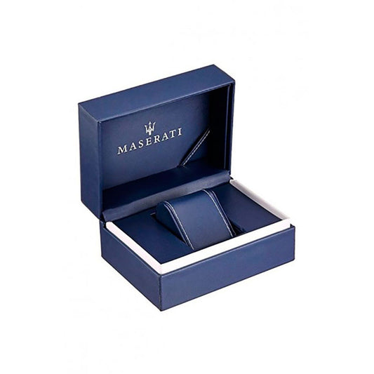 Official packaging box for MASERATI Mod. SFIDA wristwatch, blue with logo, suitable for gifting and storage.