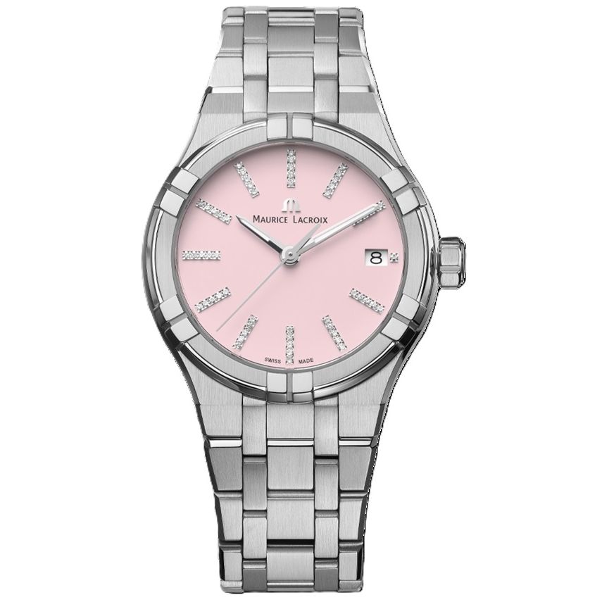 MAURICE LACROIX MOD. AI1106-SS002-550-1 luxury watch with pink dial and stainless steel bracelet