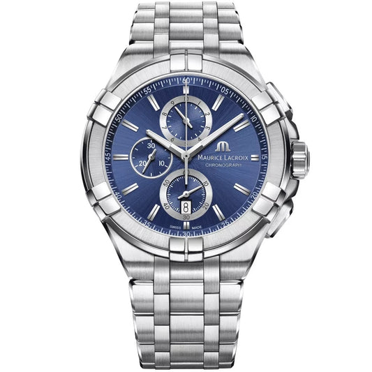 MAURICE LACROIX MOD. AI1118-SS002-430-1 luxury watch with satin-finished stainless steel bracelet and blue dial, Swiss-made elegance.