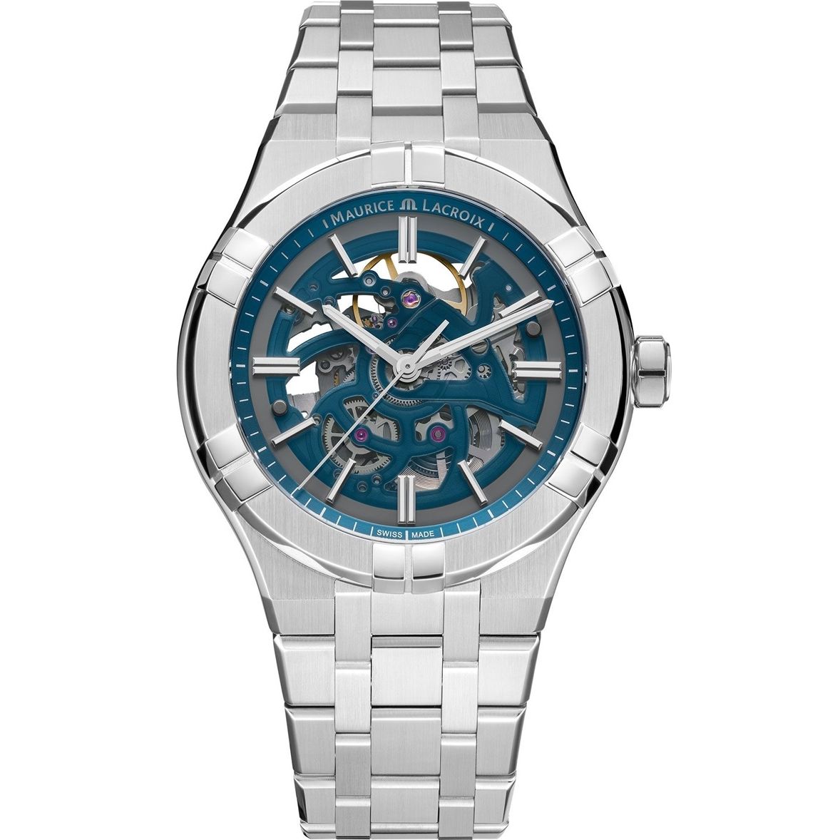 MAURICE LACROIX MOD. AI6008-SS002-031-1 luxury wristwatch with silver bracelet and intricate blue dial design.