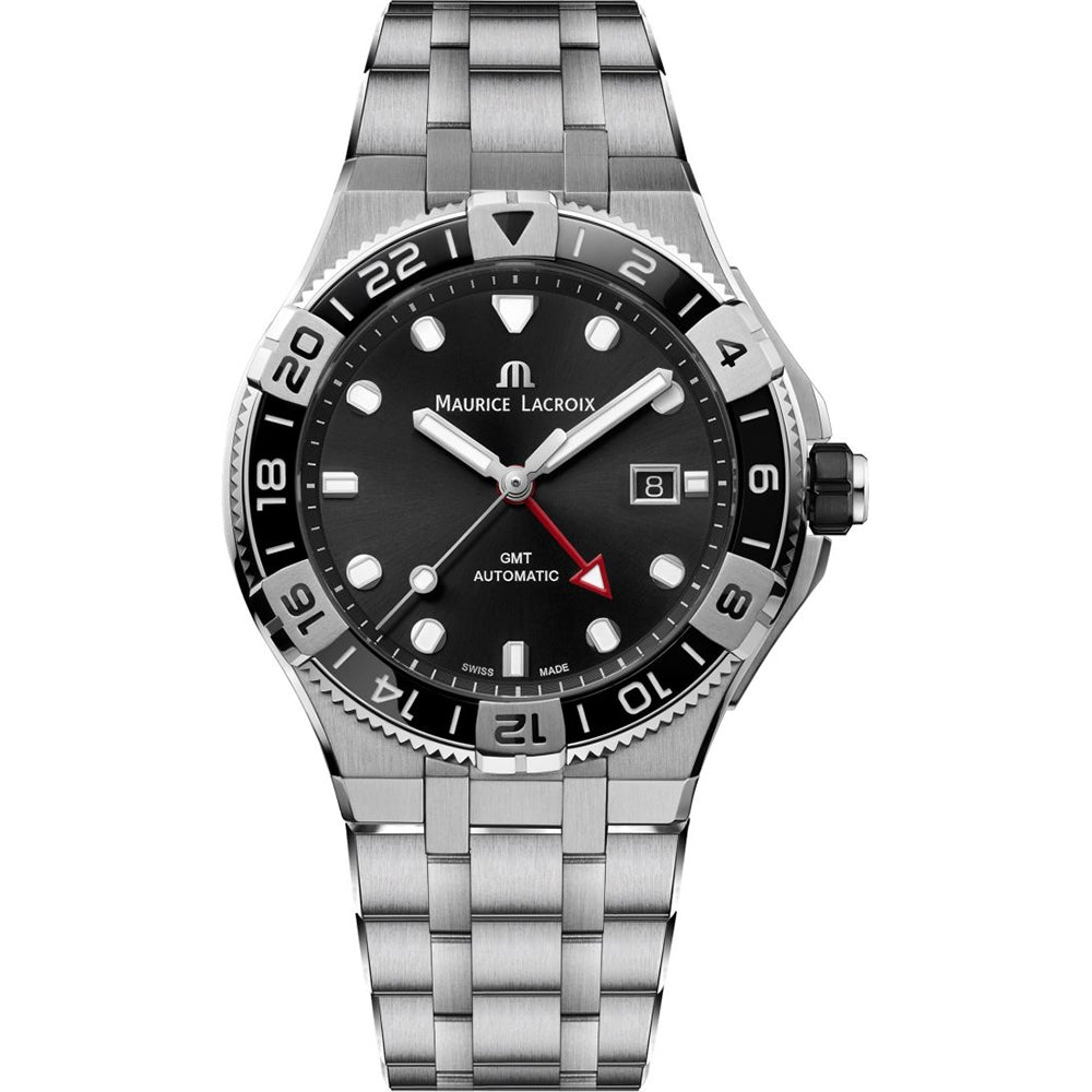 MAURICE LACROIX MOD. AIKON VENTURER GMT wristwatch, 43 mm stainless steel case and strap, mechanical automatic movement, water resistant to 30 ATM.