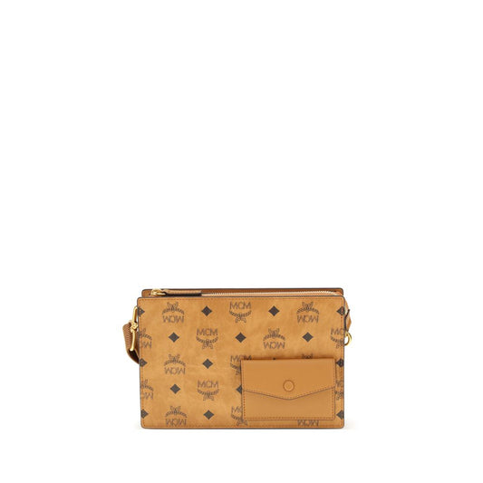 MCM Brown Canvas Shoulder Bag with Visetos print, adjustable strap, and front pocket, ideal for everyday use, AW25 collection.