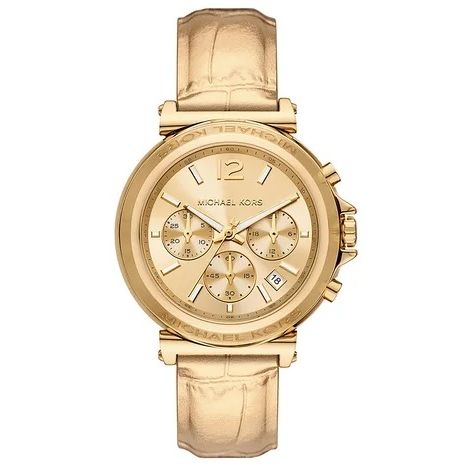 MICHAEL KORS Mod. MAREN women's gold chronograph wristwatch with leather strap, water resistant, quartz movement, official packaging.