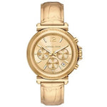 MICHAEL KORS Mod. MAREN women's gold chronograph wristwatch with leather strap, water resistant, quartz movement, official packaging.