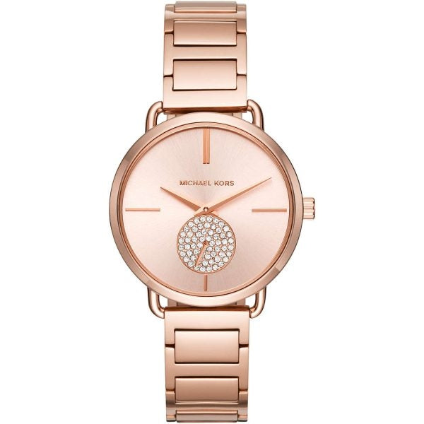 MICHAEL KORS Mod. PORTIA wristwatch in rose gold with quartz movement, 36mm case, and mineral dial.