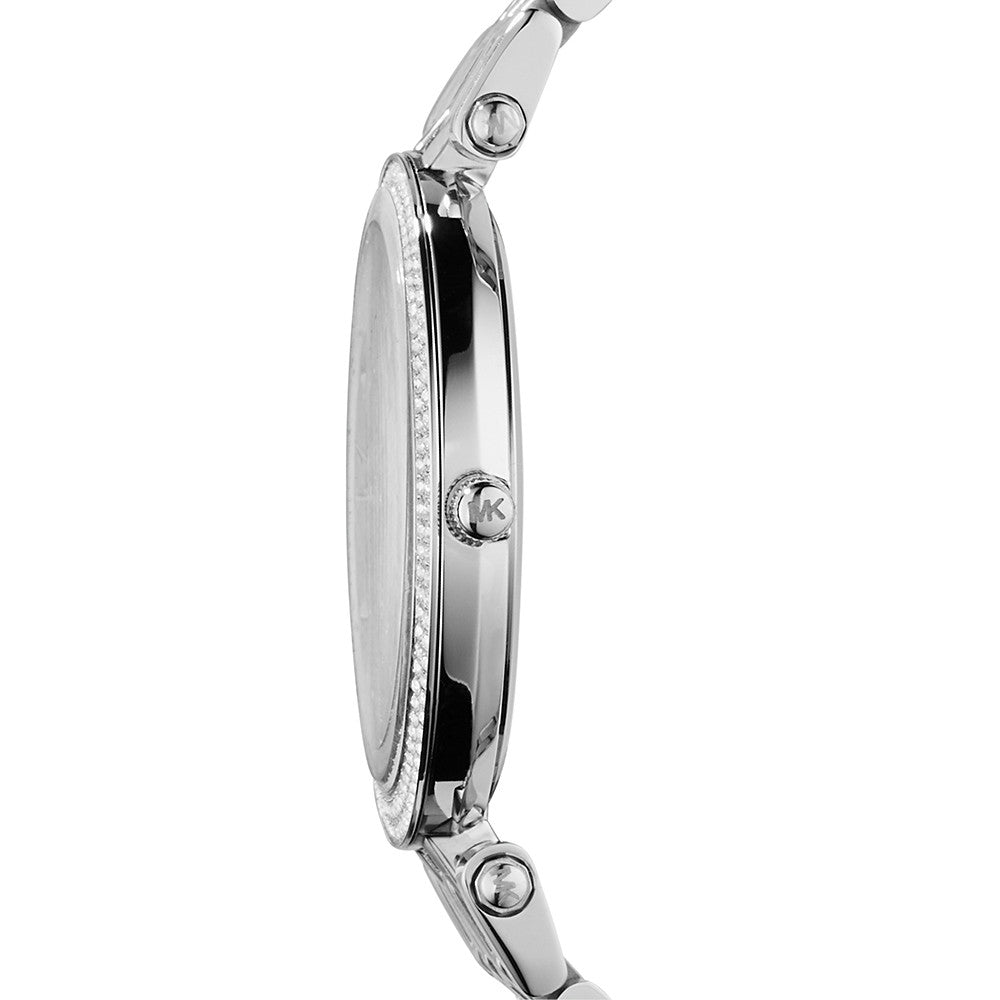 Side view of MICHAEL KORS WATCHES Mod. MK3190 with silver bracelet and detailed casing.