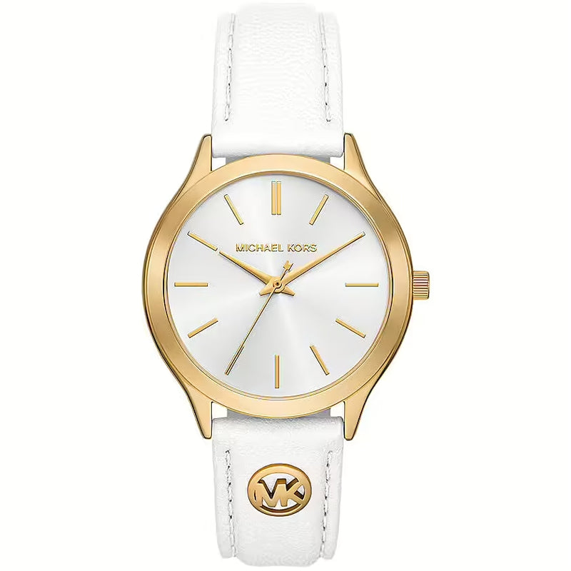 MICHAEL KORS WATCHES Mod. MK7466 lady's 38mm wristwatch with gold case and white strap, packaged in official box